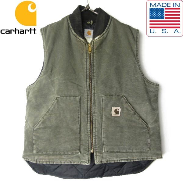 2001年製 USA製 carhartt カーハート V02 MOS ダック ベスト XL-R 腰ゴム 00s フェード モス アメリカ製 ビンテージ D152-05-0005ZVW拍卖