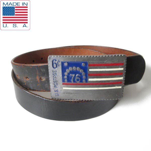 USA製 アメリカ建国200周年 記念切手柄バックル レザー ベルト 黒 表記40インチ/W33~43インチ ビンテージ 本革 メンズ D89-51-0001ZVW拍卖