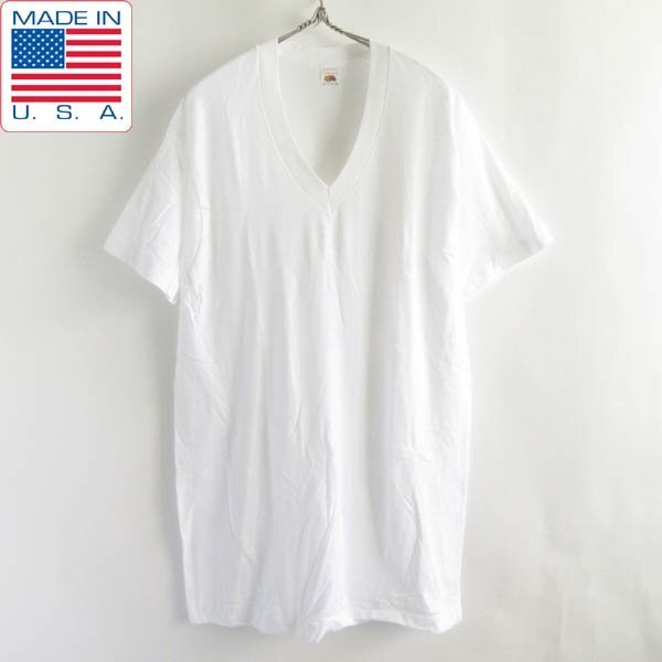 新品 80s USA製 フルーツオブザルーム Vネック 半袖 Tシャツ 白 XL 無地 ブランク アメリカ製 ビンテージ デッドストック D149-01-0003ZV拍卖