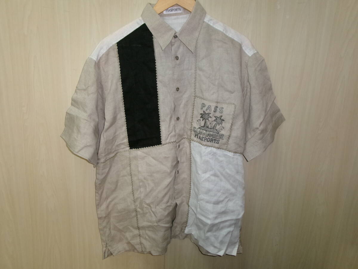 B0445:PIA SPORTS (ピアスポーツ) 半袖 リネンシャツ 日本製 sizeⅢ 1811-2102 ベージュ×黒×白 麻100% パッチワーク :35拍卖
