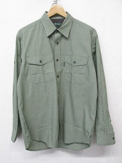 k8326:ホールアース Whole Earth メンズ紳士 チェック柄 長袖シャツ M アウトドアウェア カーキ緑茶 デサント:36拍卖