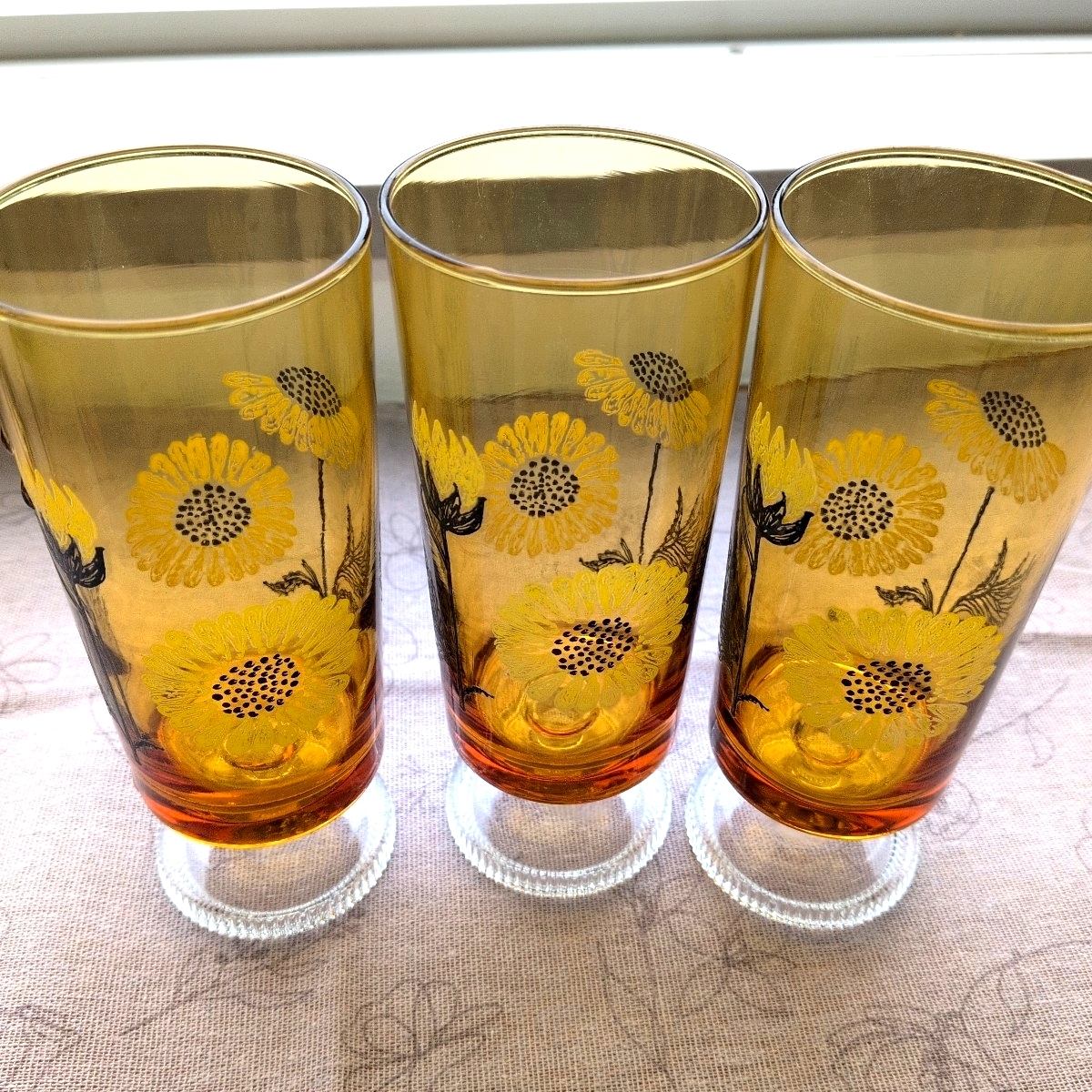 昭和レトロ アデリアグラス 足つきグラス ひまわり 長期保管 当時物  コップ 花柄拍卖