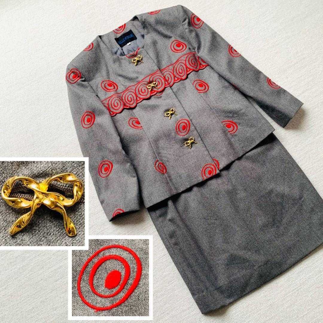 バブリースーツ セットアップ スカートスーツ ノーカラー 古着 刺繍 刺しゅう 金ボタン ヴィンテージ レトロ グレー レッド 赤 9拍卖