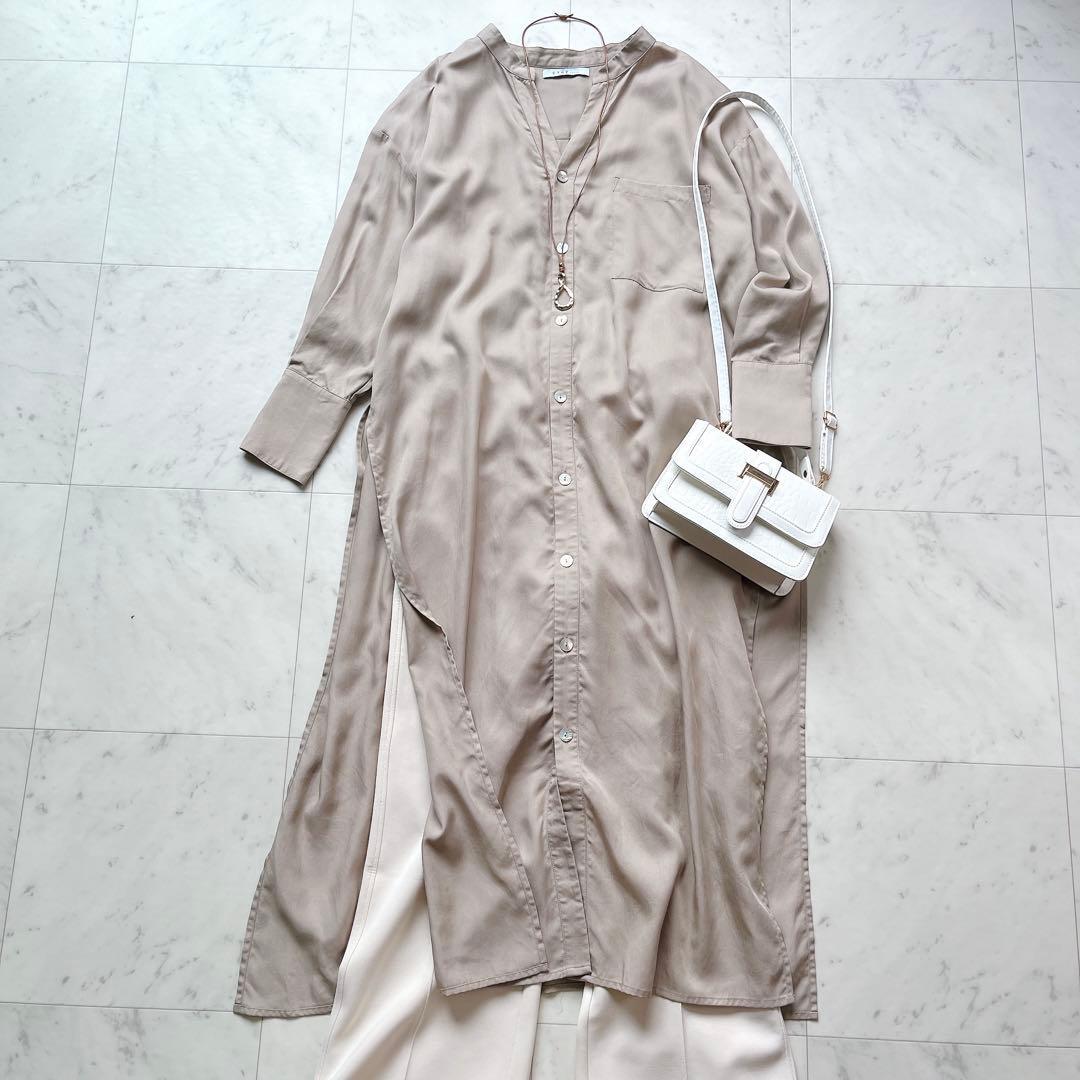 ETRE TOKYO エトレ トウキョウ ロングワンピース シャツワンピース ロングシャツ オーバーサイズ バンドカラー スリット グレージュ F拍卖