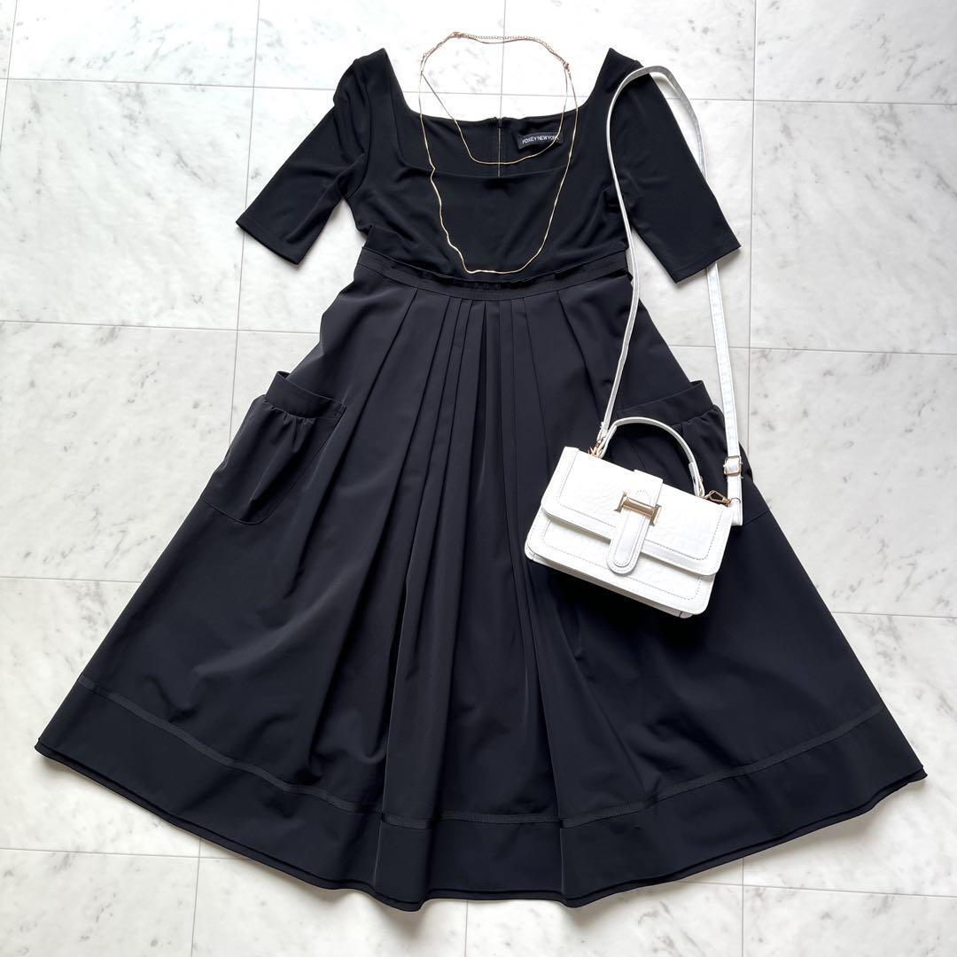 FOXEY NEW YORK フォクシーニューヨーク ひざ丈 ワンピース Aライン 半袖 スクエアネック ポケット ブラック 黒 F拍卖