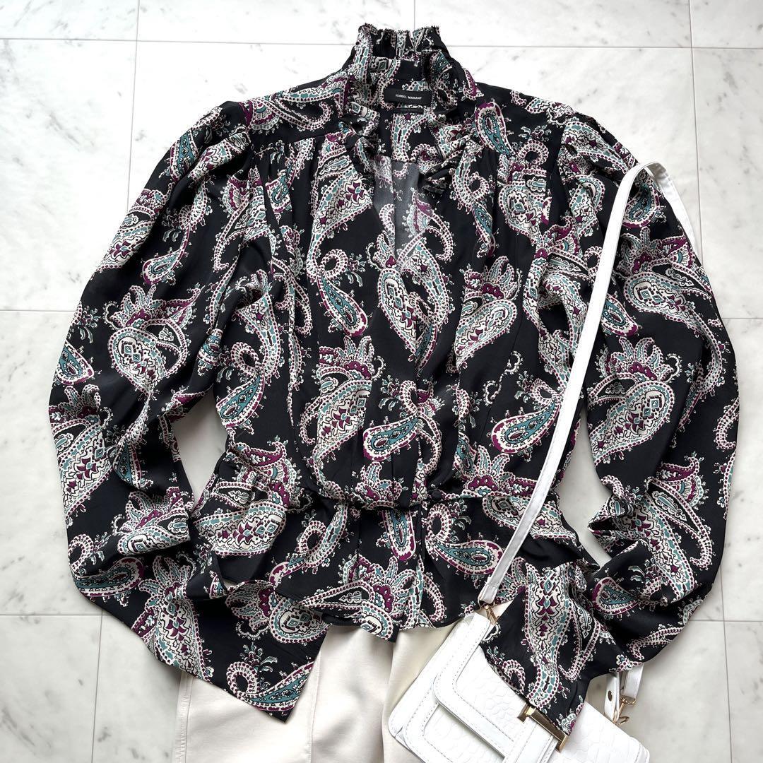 極美品 Isabel Marant イザベルマラン ブラウス 長袖 シルク100% 総柄 ペイズリー柄 フリル ラッフル インド製 ブラック 黒 34拍卖