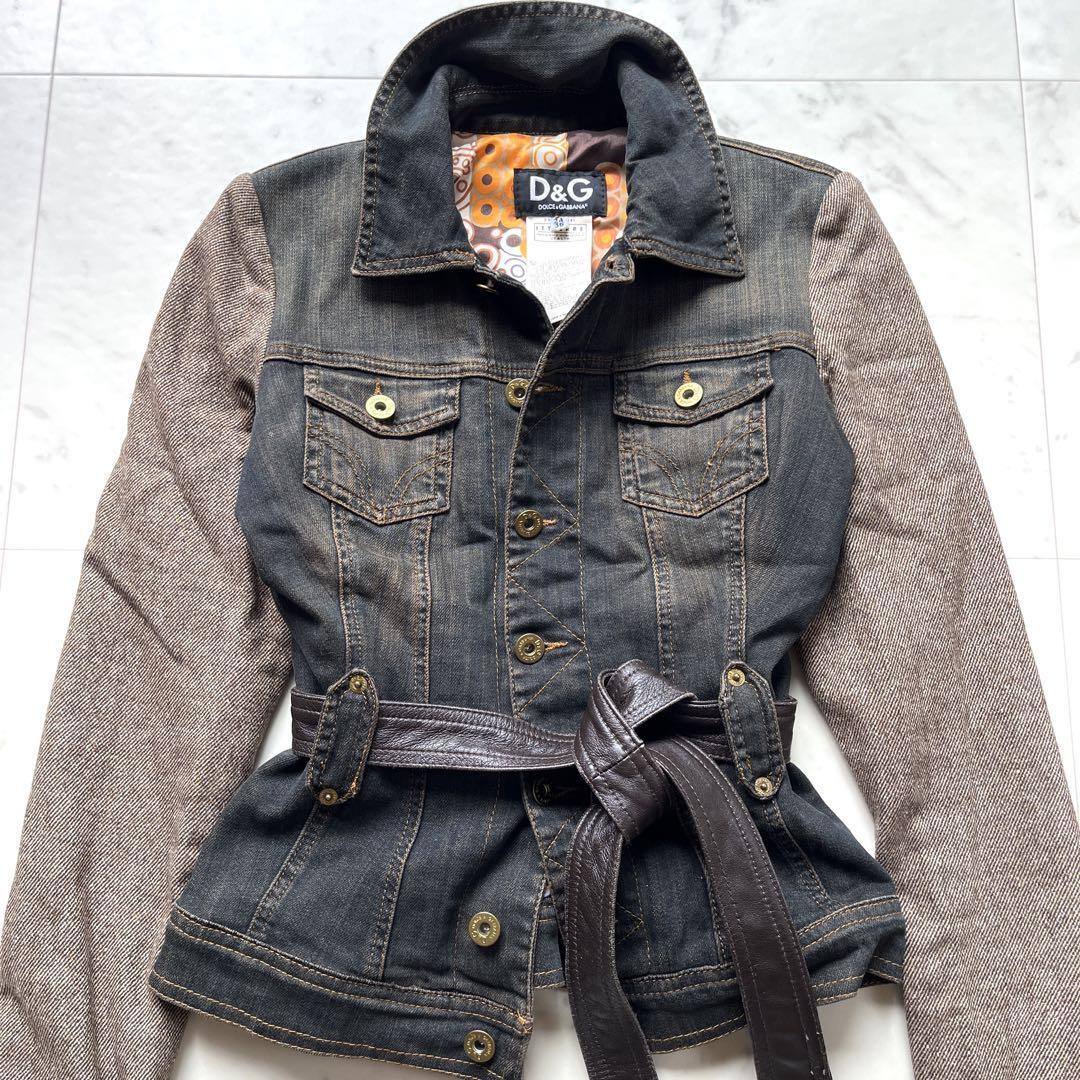 日本限定 D&G ドルチェアンドガッバーナ デニムジャケット ベルト付き 切替デザイン 異素材 ブラック 黒 ブラウン 茶 24拍卖