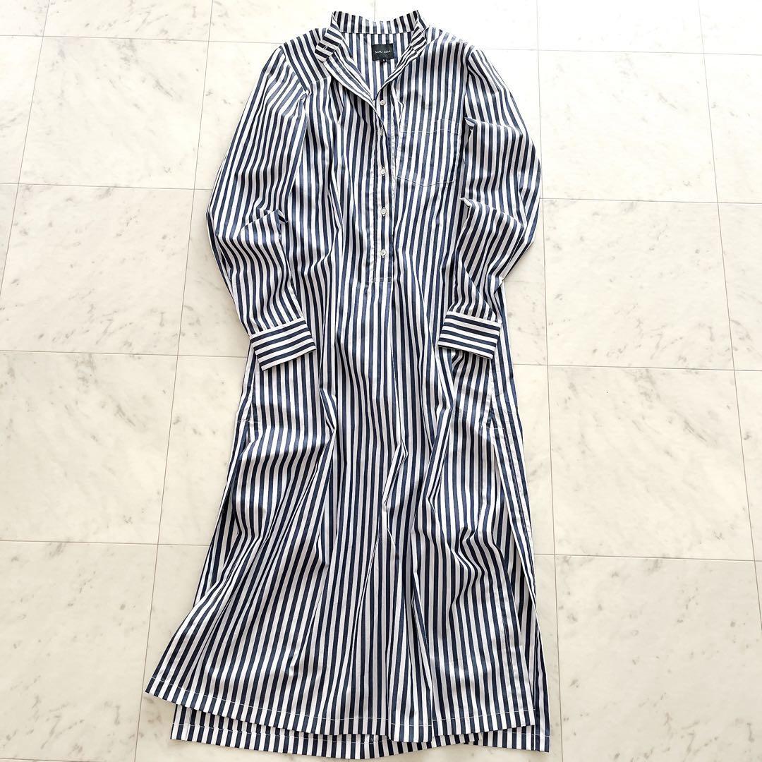 美品 定価1.8万円 Spick and Span MAU LOA スピックアンドスパン スペイン製 ロングワンピース バンドカラー ストライプ カフタン 紺 白拍卖