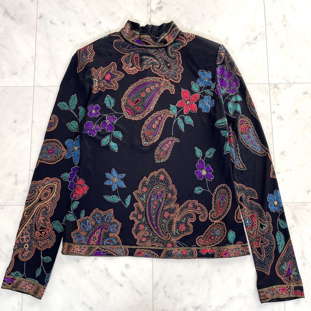 良品 LEONARD PARIS レオナール パリ カットソー シルク100% ハイネック 総柄 花柄 ペイズリー ブラック マルチカラー 38拍卖