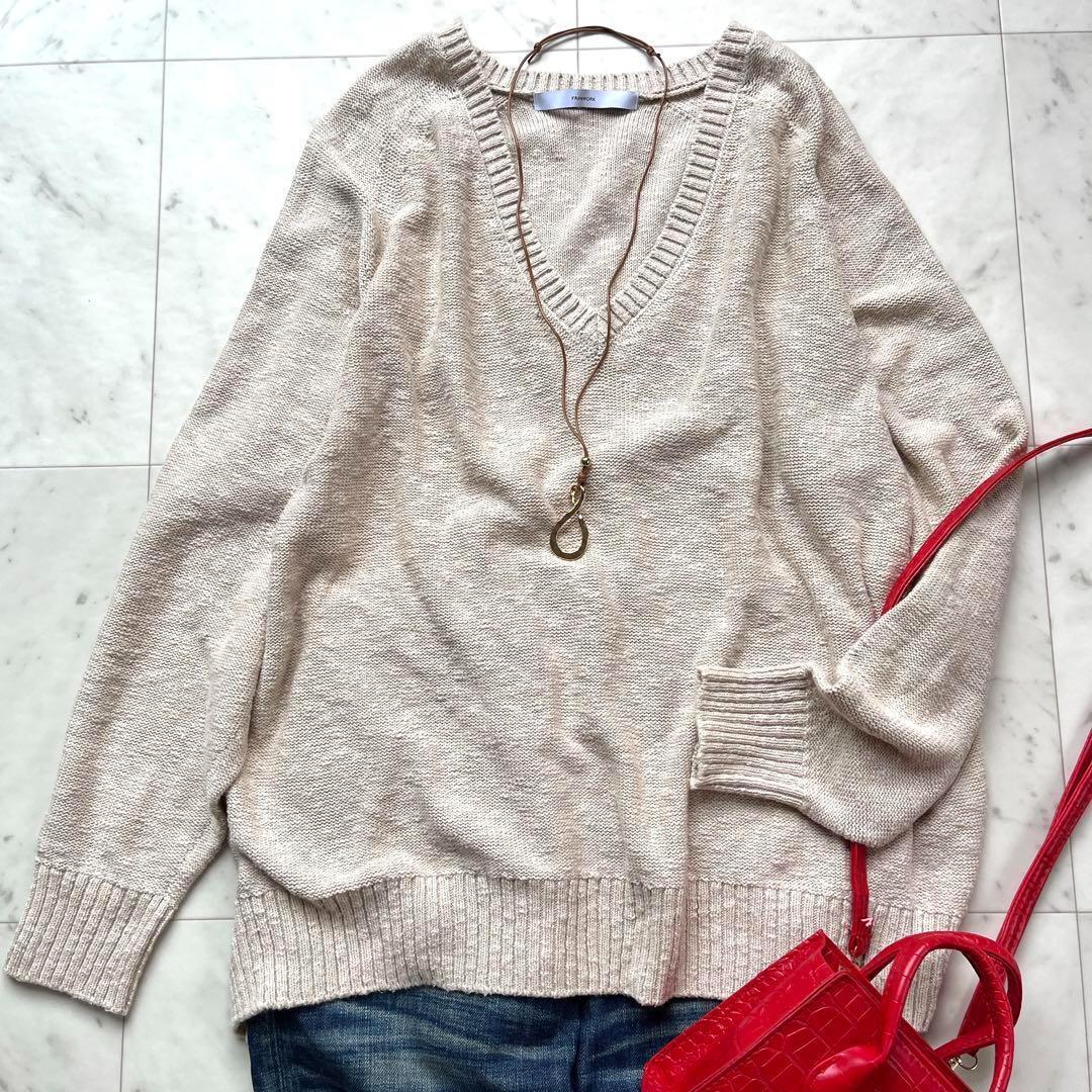 美品 FRAMeWORK フレームワーク 洗える 日本製 セーター ニット オーバーサイズ Vネック コットン リネン 綿 麻 ベージュ F拍卖