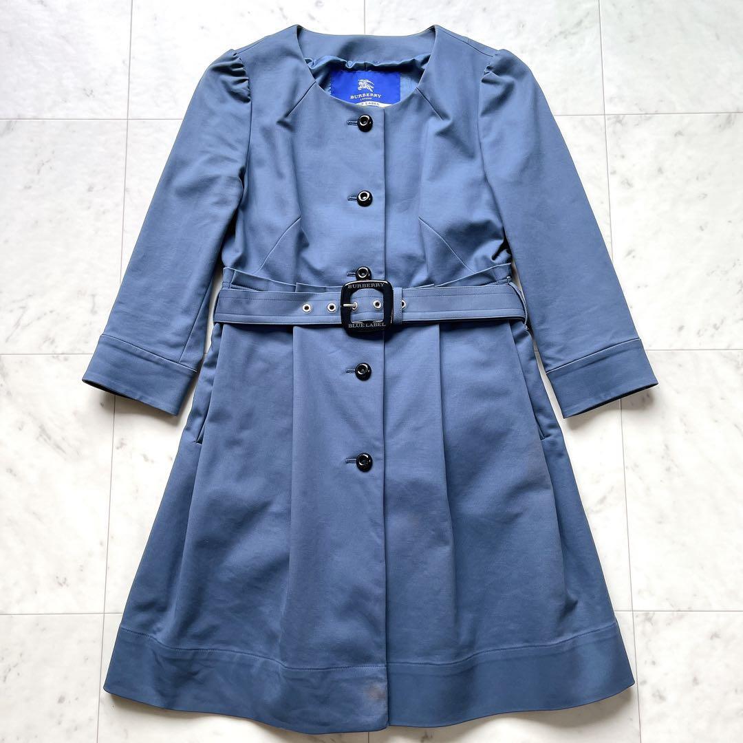 訳あり BURBERRY BLUE LABEL バーバリーブルーレーベル トレンチコート ノーカラー ウエストベルト プリーツ ロゴ ブルー 38拍卖
