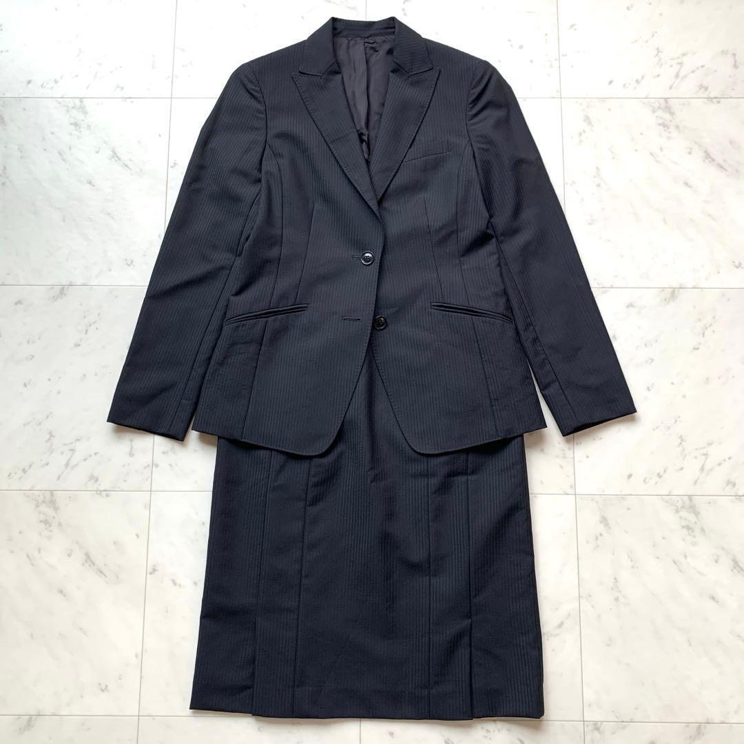 美品 NEWYORKER ニューヨーカー スーツ スカートセットアップ テーラードジャケット タイトスカート ストライプ モヘヤ混 ブラック 黒 9 11拍卖