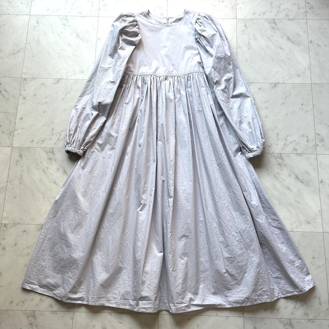 良品 現行品 定価1.9万円 PERNA ペルナ ロングワンピース ボリュームスリーブ Aライン ギャザー ハイウエスト ライトグレー M拍卖