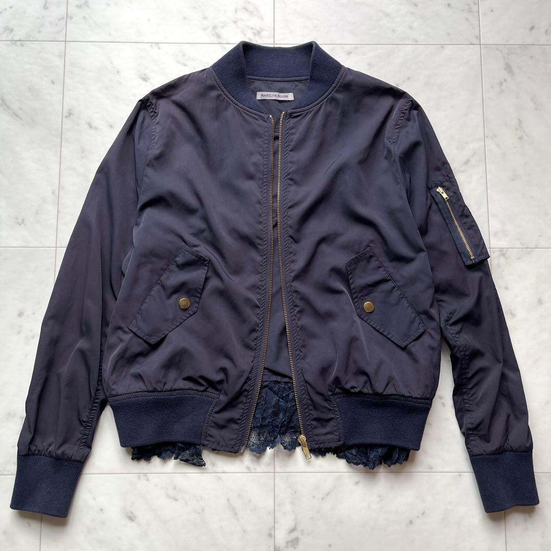 良品 MARILYN MOON マリリンムーン MA-1 ライトアウター ブルゾン ジャンパー フリル ネイビー 紺拍卖