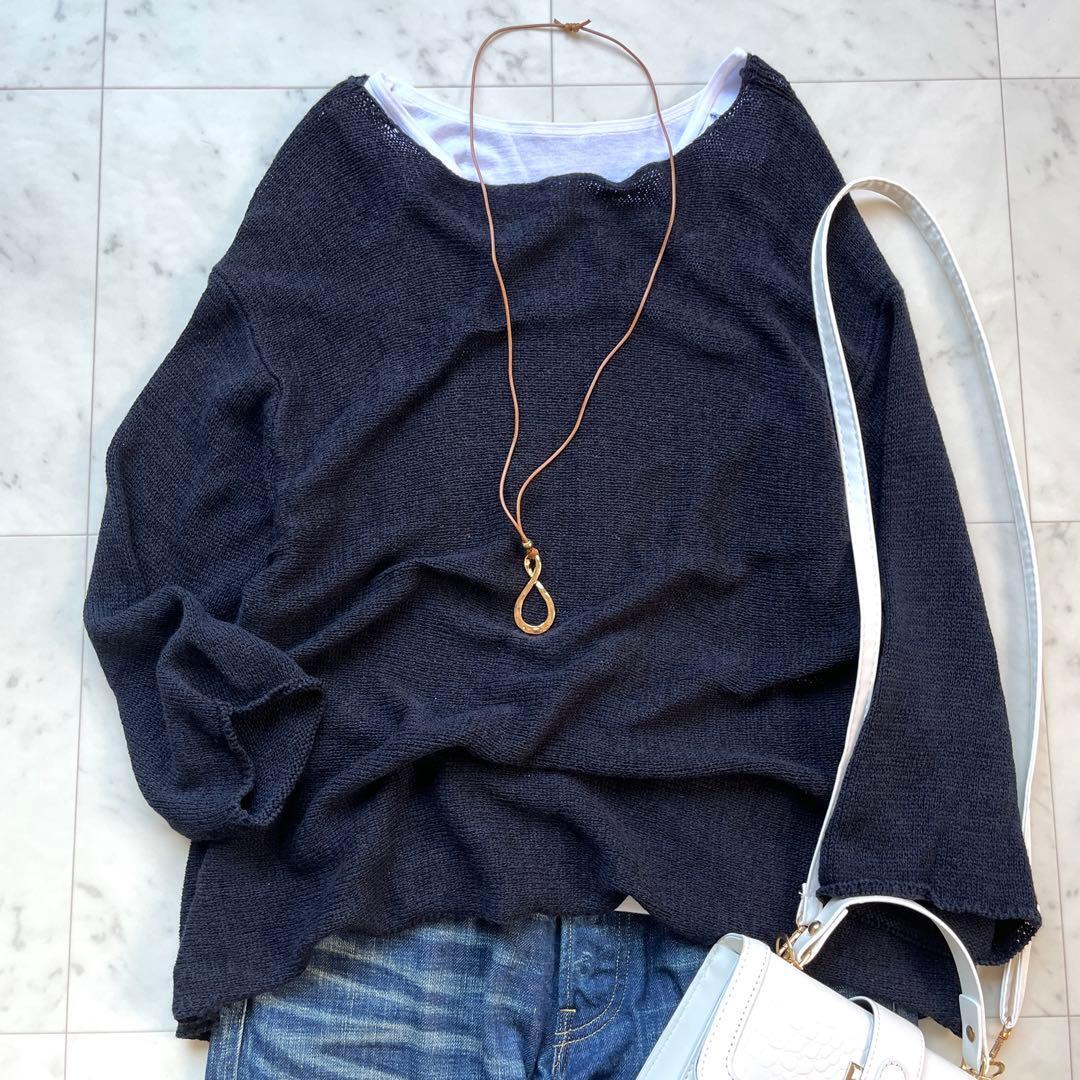 美品 Spick and Span スピックアンドスパン 2022年 洗える セーター ニット 長袖 コットン リネン ブラック 黒拍卖