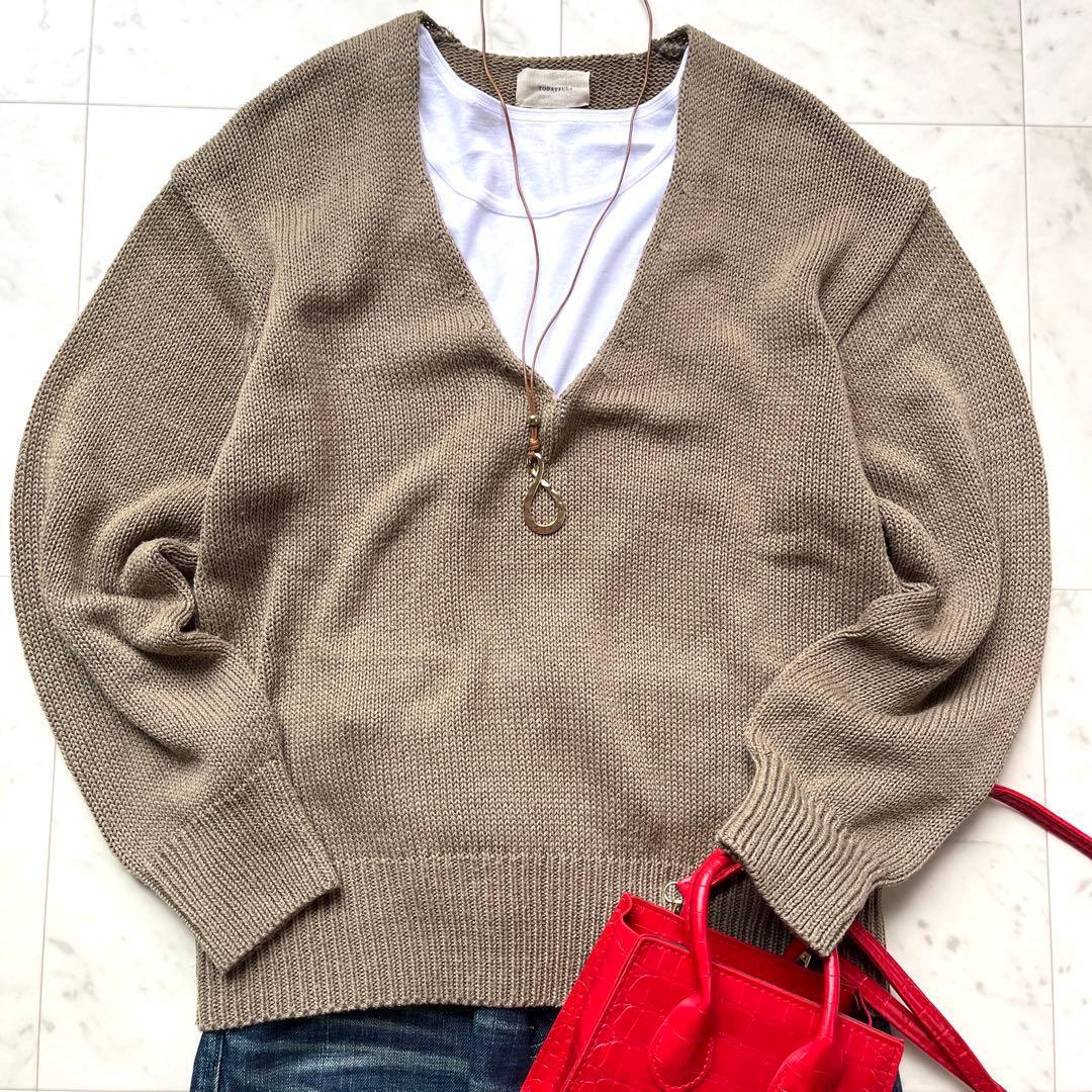 良品 TODAYFUL トゥデイフル 洗える セーター ニット Vネック リネン混 麻 カーキ ブラウン F拍卖