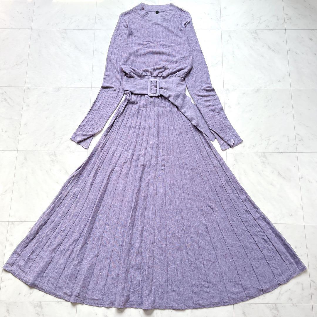 定価1.8万円 AULA AILA アウラアイラ ロングワンピース ニットワンピース ウエストベルト Aライン プリーツスカート ラベンダー 0拍卖