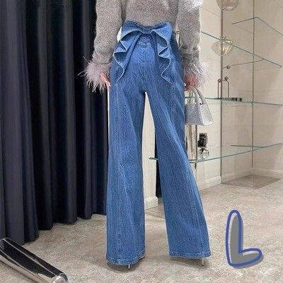 【後ろ姿が映える】 デニムパンツ L リボン付き ヨーロピアンパンツ ハイウエスト 脚長効果 バックスタイル レディース パンツ拍卖