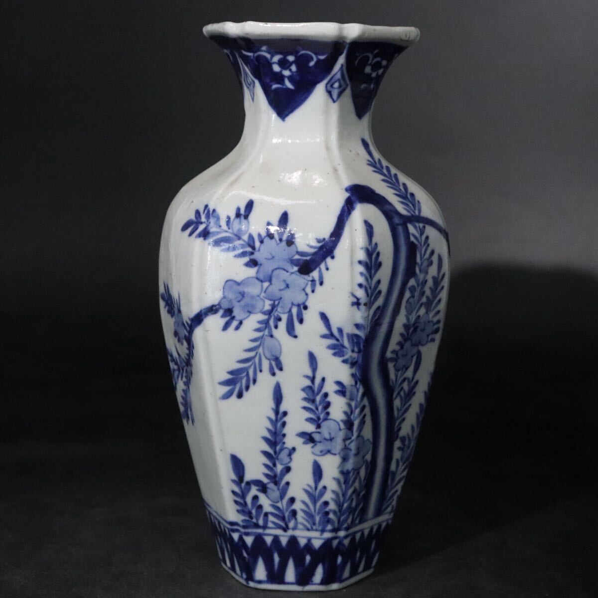 時代 染付 青花 面取 梅花図 花瓶 / 中国美術 茶器 壺 煎茶道具 新渡 祥瑞 .B1155拍卖