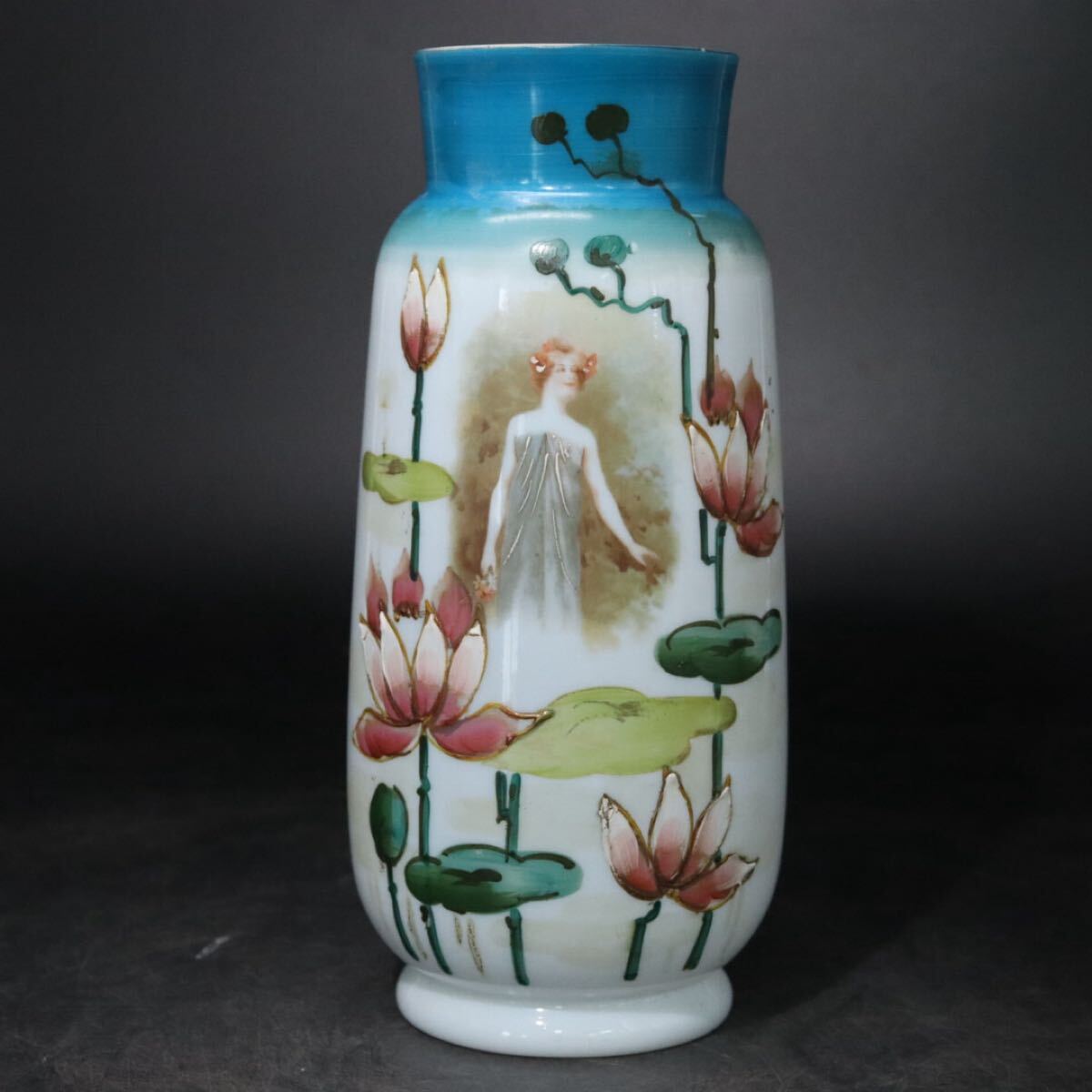 アンティーク ブリストルガラス アールヌーヴォー調 女性・蓮花 花瓶 / ハンドペイント 西洋 色絵 .B1272拍卖