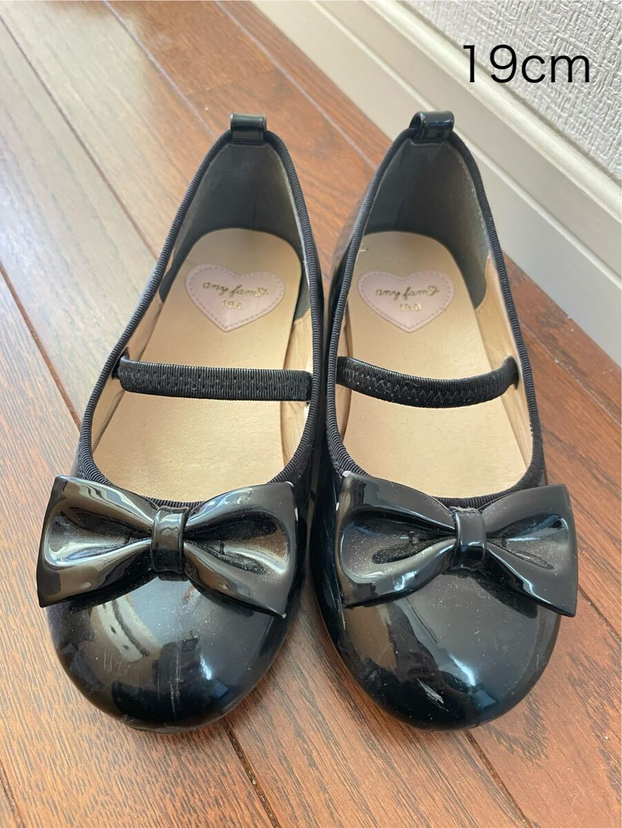 19cmフォーマルシューズ リボン付きフラット バレエシューズ anyFAM 靴 ブラック 女の子 結婚式 発表会 入学式拍卖