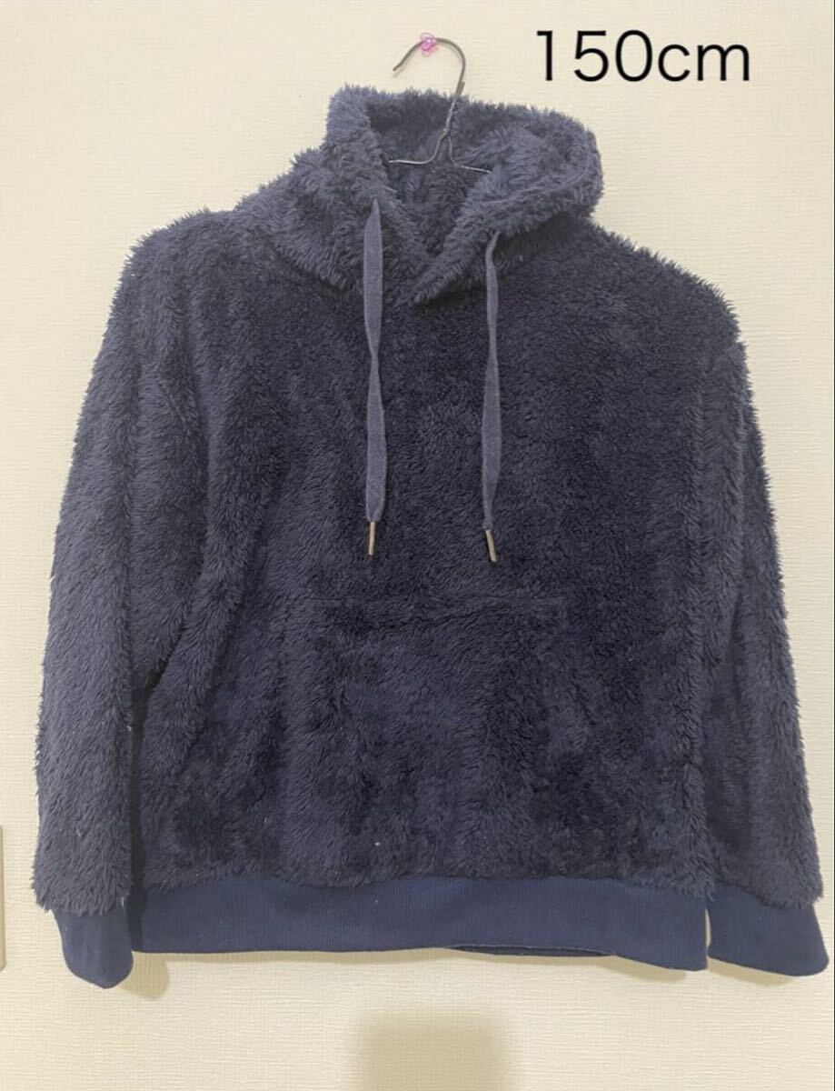 150cm ネイビーふわふわファーフーディーパーカー 起毛生地拍卖