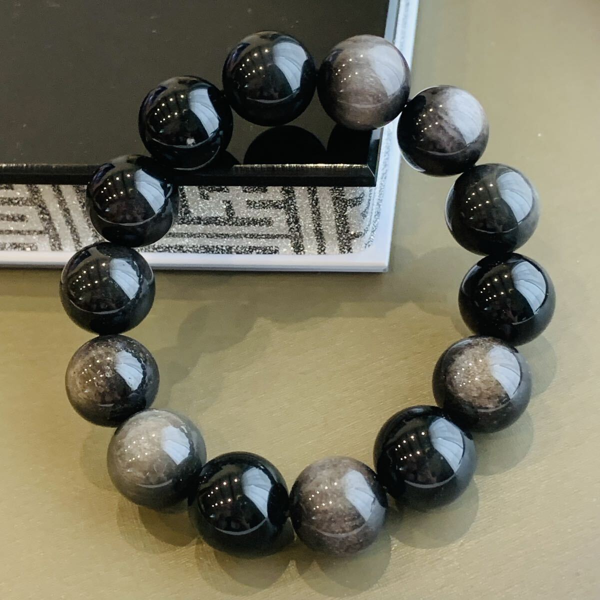 シルバーオブシディアン 銀曜石 仕事運 魔除け 【K298】16mm大珠 ブレスレット 17cm 70g拍卖