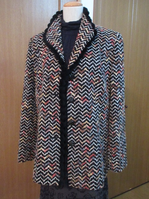 F’)■日本製【SAISON DE MIKI セゾンドミキ】■ツイード織/毛76%■毛皮ヌートリア黒の縁かがり!■お洒落なジャケット■拍卖