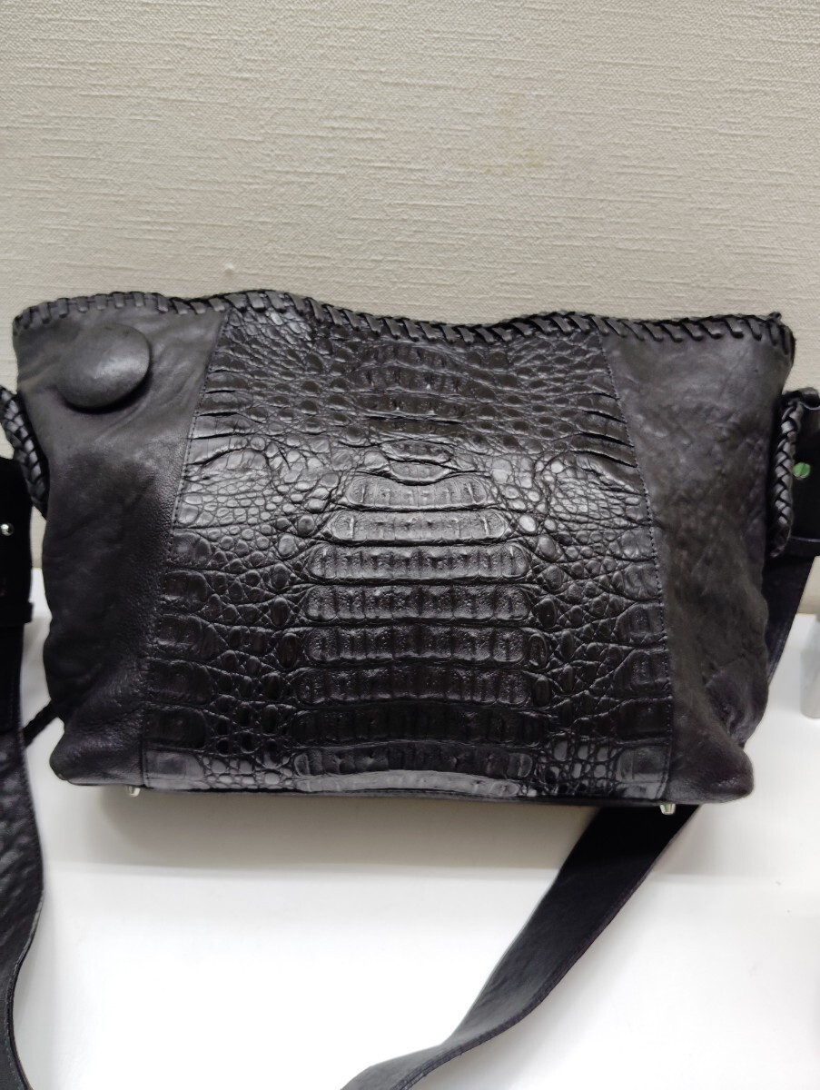 本革 カーフレザー アリゲーター ワニ ショルダーバッグ ブラック 黒 柔らかい 斜め掛け 手触り抜群 バッグ レザー拍卖