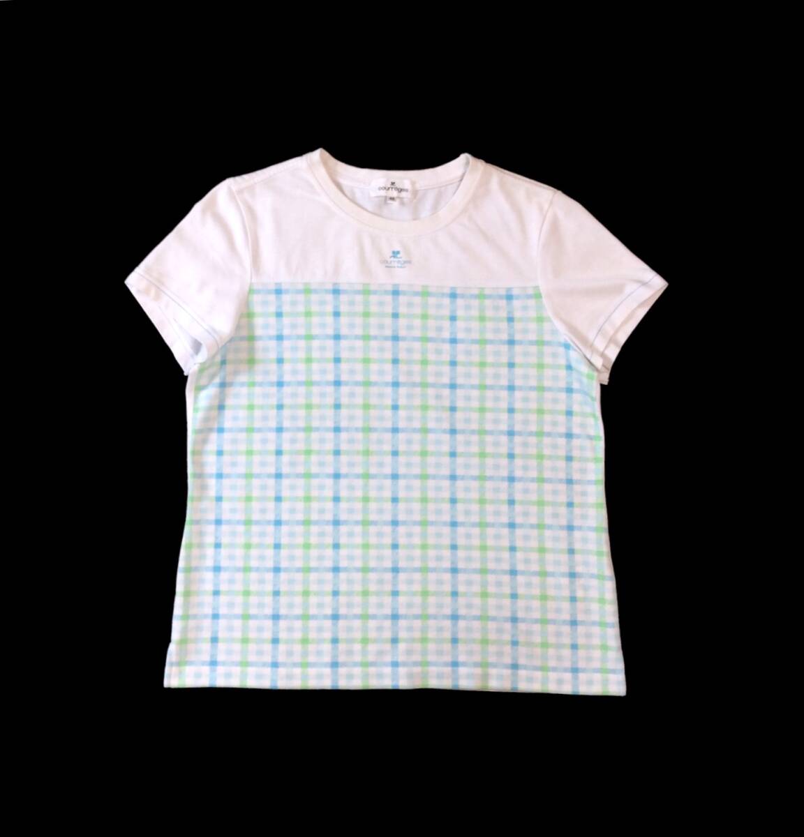courreges クレージュ 半袖 Tシャツ カットソー トップス チェック切り替え ホワイト/ブルー レディース 40 送料250円拍卖
