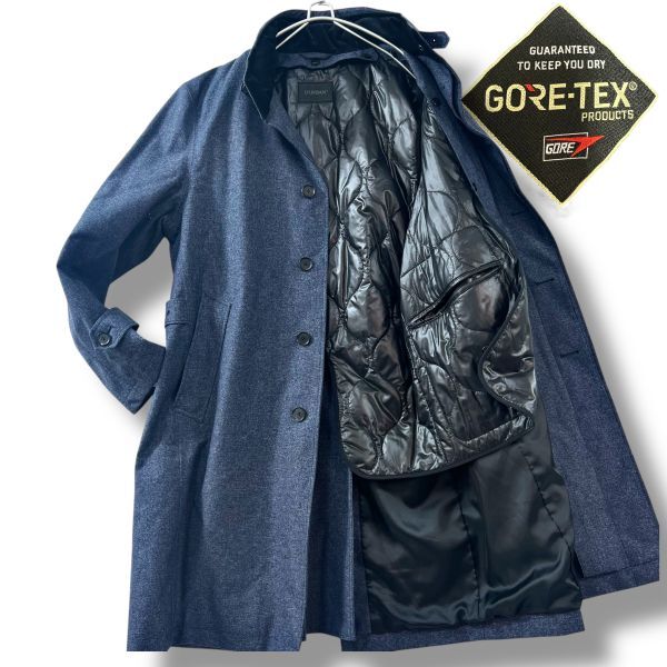 【L】ほぼ新品 ダーバン ゴアテックス デニム調ステンカラーコート キルティングライナー ロング 2way 横ベルト ネイビー系 DURBAN B1648拍卖