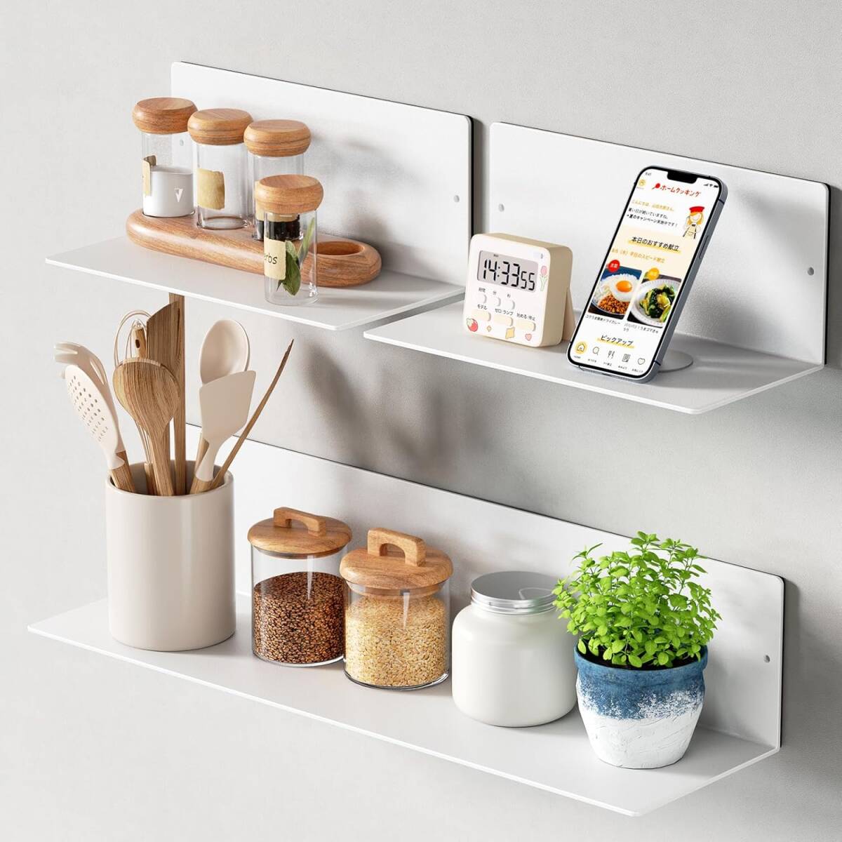 ホワイト色 TKUIN キッチンラックマグネット式 収納 棚 強力磁石 3点セット耐荷重15Kg飾り棚 ウォールラック 壁面 ウォールシェルフ 拍卖