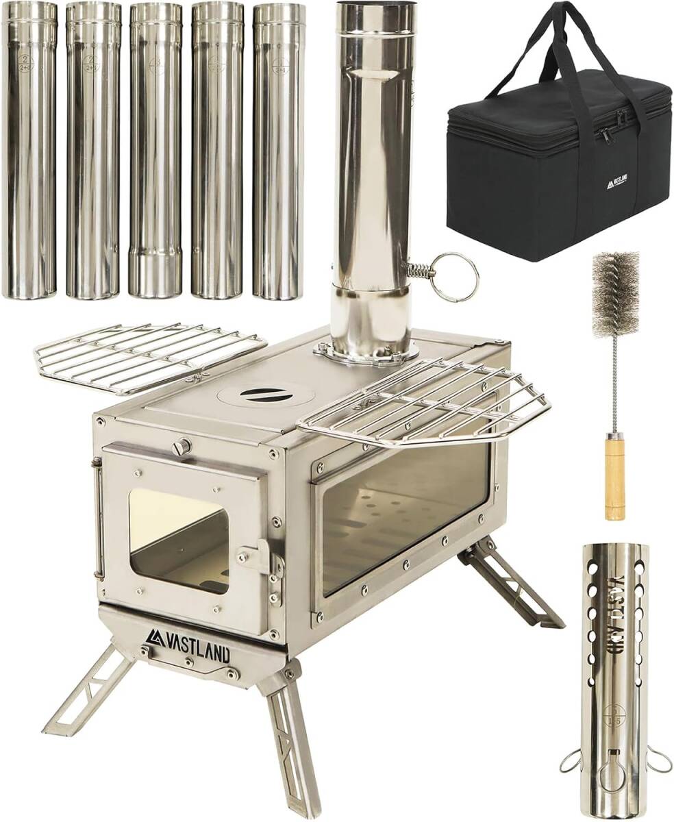 熱々の料理を提供出来る VASTLAND 薪ストーブ キャンプ ストーブ 小型 ステンレス 3面耐熱ガラス窓 煙突長さ215cm拍卖