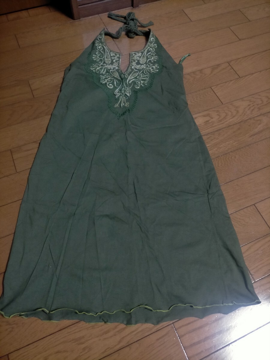ホルターネック グリーン 刺繍 キャミソール ワンピース アジアン エスニック拍卖