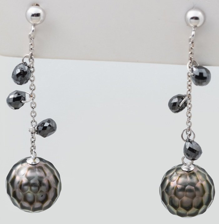 K18WG タヒチパール・ブラックダイヤモンド スイングピアス 品番b23-383拍卖