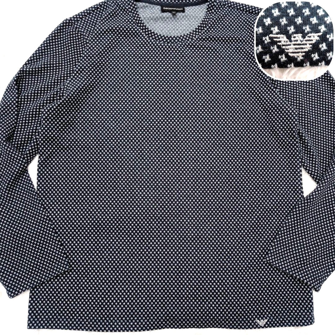 【極美品 XL】エンポリオアルマーニ EMPORIO ARMANI カットソー ロンT 総柄 モノグラム イーグルロゴ 刺繍 メンズ ストレッチ ニット 薄手 拍卖