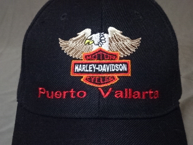 激レア USA購入 ご存知 ハーレーダビッドソン【HARLEY- DAVIDSON】メキシコ【PUERTO VALLARTA】ロゴ刺繍入り キャップ ブラック 中古良品拍卖