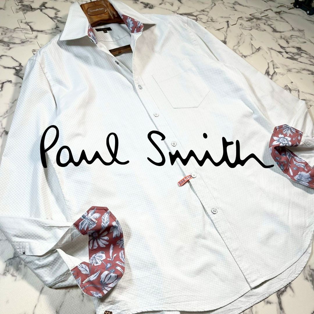 極美品/裏地花柄(XL)●ポールスミス 長袖 シャツ 白 ホワイト 格子 カジュアル フラワー 光沢 Paul Smith COLLECTION メンズ 秋冬 ビジネス拍卖