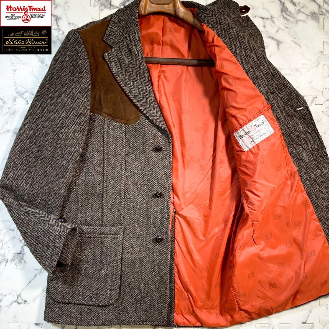 別注コラボ/切替(L位)●ハリスツイード×エディーバウアー Harris tweed ウール くるみ釦 ヘリンボーン テーラード ジャケット グレー 茶拍卖