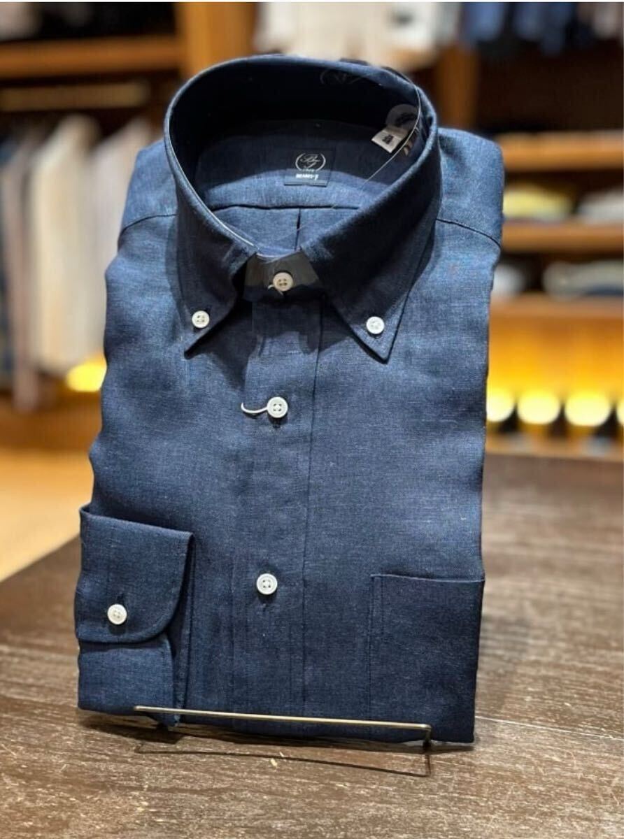 【着用数回】BEAMS F / ビームスエフ ネイビー リネンボタンダウンシャツ 拍卖