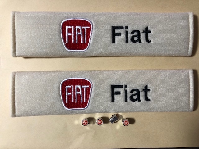 送料無料!セット割 かなり目立つ フィアットロゴ アイボリー色シートベルトパッド&タイヤバルブキャップセット 500 チンク パンダ拍卖
