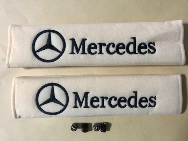 セット割引、送料無料!メルセデスベンツロゴ アイボリー肌色シートベルトカバー&タイヤバルブキャップ SL SLK Cクラス CLS GLA拍卖