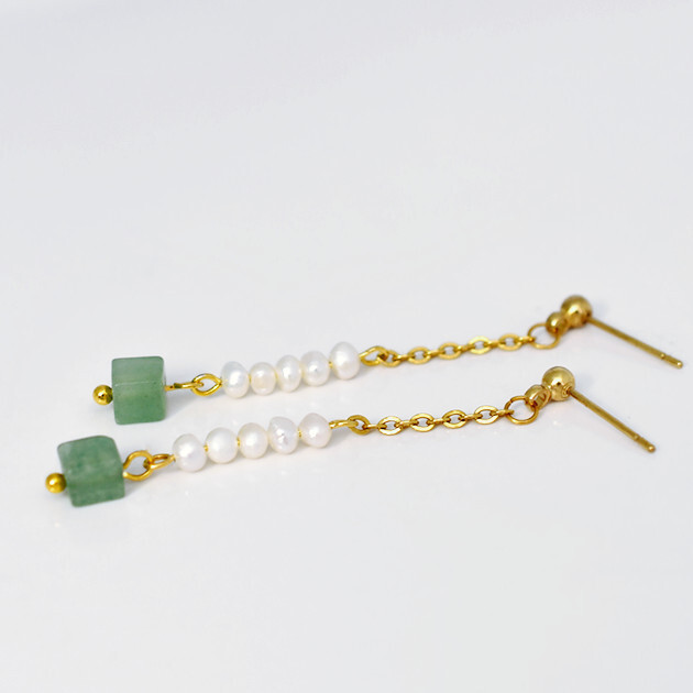 天然石 淡水パール アベンチュリン 5月誕生石 ステンレス ロング ピアス拍卖