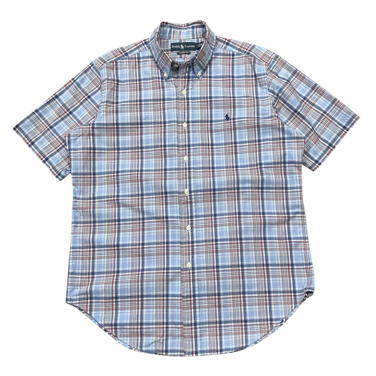 良品 Ralph Lauren/ラルフローレン ビッグポロ チェック柄BDシャツ メンズM 半袖ボタンダウンシャツ拍卖