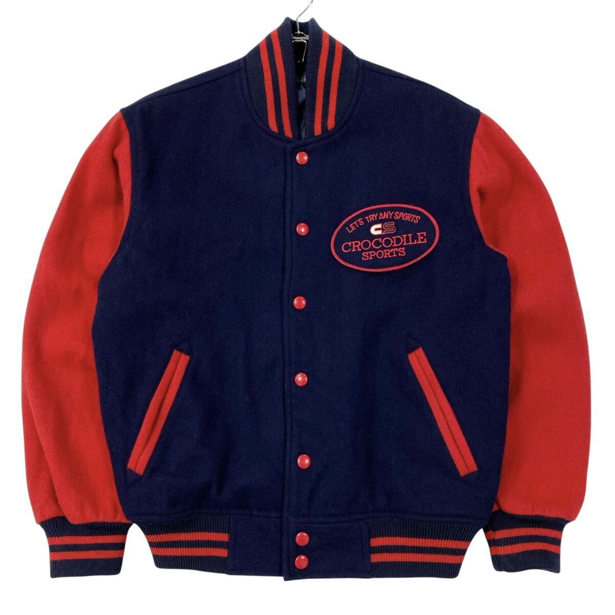 90s CROCODILE SPORTS(クロコダイルスポーツ)メルトン スタジャン ブルゾン ワッペンロゴ メンズS ネイビー系/レッド系拍卖