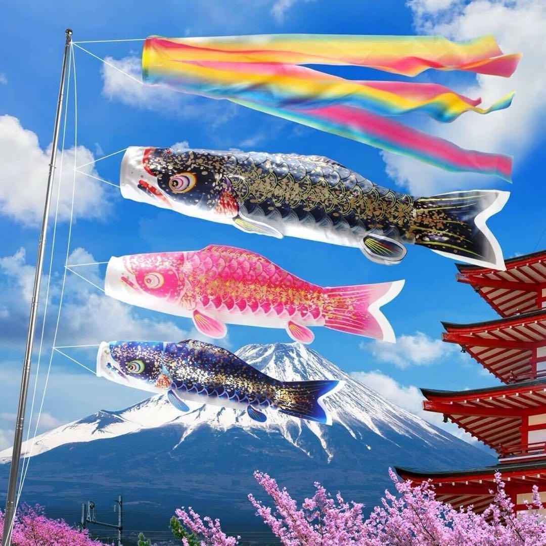 ★鯉のぼりセット こいのぼり 1M 吹き流し 金箔 鯉 3匹 2m伸縮旗ポール付庭園 お庭 ベランダ用 室内用 日本語説明書カード付き こどもの日拍卖