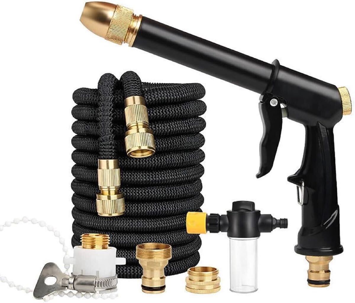 散水ホース 伸縮ホース 15m 3倍に伸びる 伸縮 洗車ホース 水撒きホース 水やりホース 洗車 水やり 散水 ホースリール 高圧 超強化 軽量素材拍卖