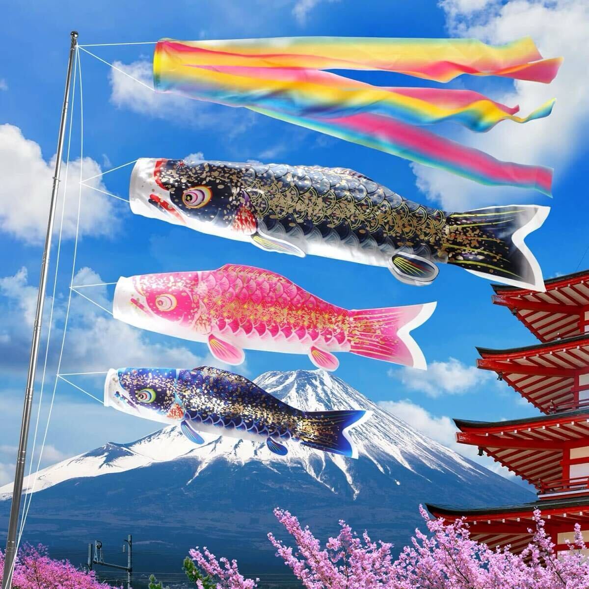 鯉のぼりセット こいのぼり 1M 吹き流し 金箔 鯉 3匹 2m伸縮旗ポール付 ベランダ用 室内用 日本語説明書カード付き こどもの日拍卖