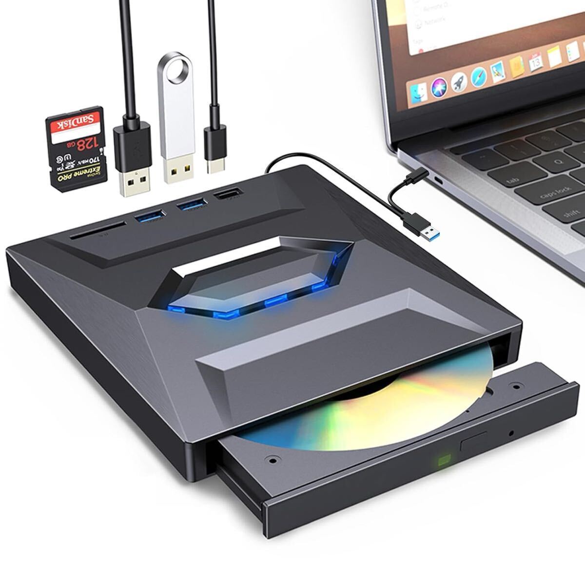 CD/DVDドライブ 外付け【5in1多機能】光学ドライブ 8XDVD & 24XCD超高速データ入出力 USB3.0/Type-cポート/TF/SDカード 読み出し&書き込み拍卖