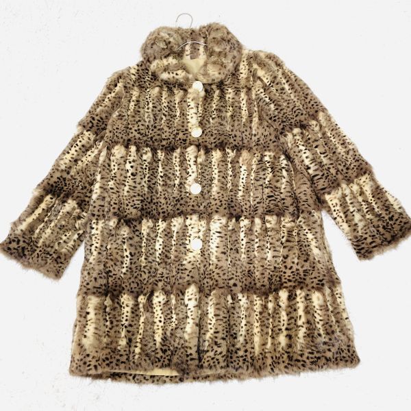 リバーシブル ファーコート レオパード柄 ベージュ 裏面無地 2WAY ロング丈 アニマル柄 毛皮拍卖